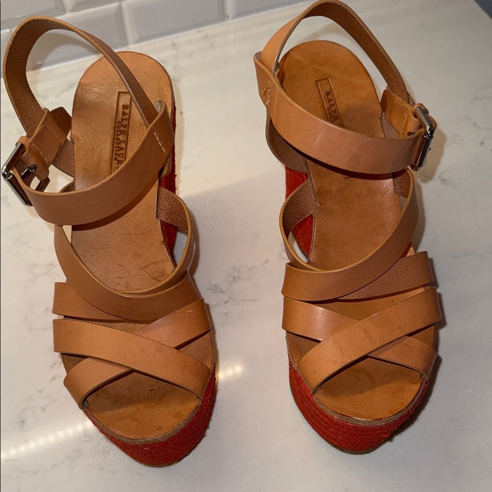 Ralph Lauren Tan and Red Wedge Sandals